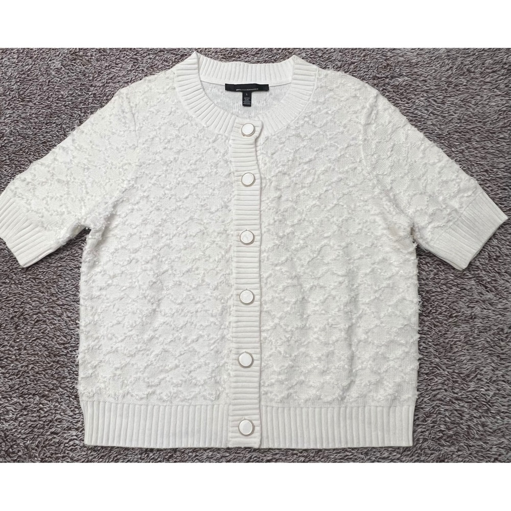 White House Black Market Textured Knit Cardigan Sweater White Short Sleeve L